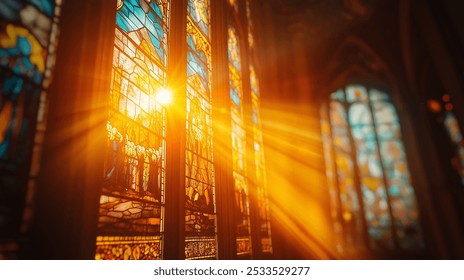 A close-up of a church stained glass window, showcasing intricate religious artwork, captured at an angle and time that vividly illuminates the glass with a warm feel.  - Powered by Shutterstock