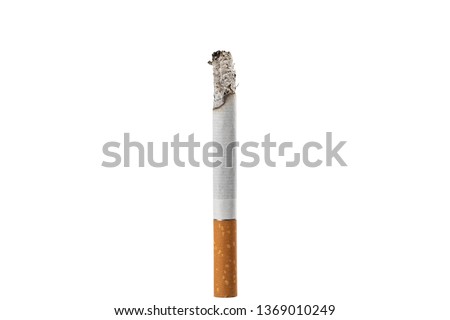 close-up cigarette isolated on a white background . yellow filter burning cigarette isolated on white background. cigarette with ash.