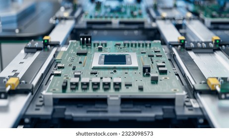 Close-up of Circuit Board with Advanced Microchip. Electronic Devices Production Industry. Fully Automated PCB Assembly Line. Electronics Manufacturing Facility or Factory.