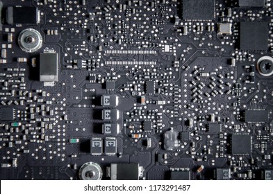 Close-up of circuit board and electronic computer hardware, Repairing technology of computer and laptop, Repair of electronic control panel, motherboard, RAM, CPU, digital chip and microprocessor. 