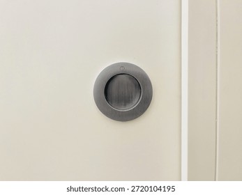 "Close-up of a circular recessed flush pull handle on a white sliding door. Modern minimalist architectural hardware in a brushed metal finish."
