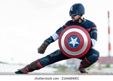 Close-up Of The Civil War Superhero Captain America With A Shield. Russia, Rostov-on-Don 16may2022