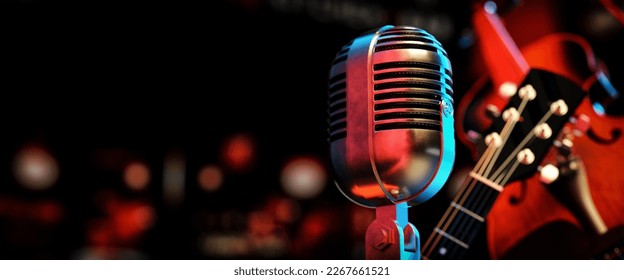 Close-up of a classic silver microphone and a guitar, violin instrument in a dark studio. 3D renderings and illustrations. - Powered by Shutterstock