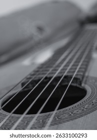 Close-Up of Classical Guitar Strings with Artistic Blur in Black and White