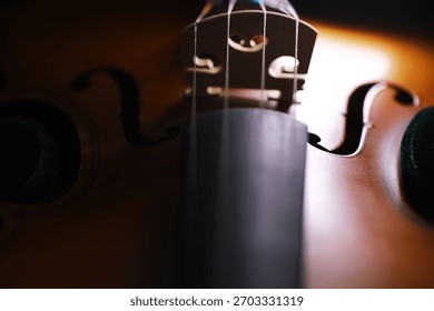 Close-Up of Classical Violin Bridge and Strings with Dramatic Lighting in Artistic Focus