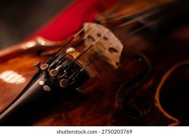 Close-up of Classical Violin Strings and Tailpiece with Warm Ambient Lighting