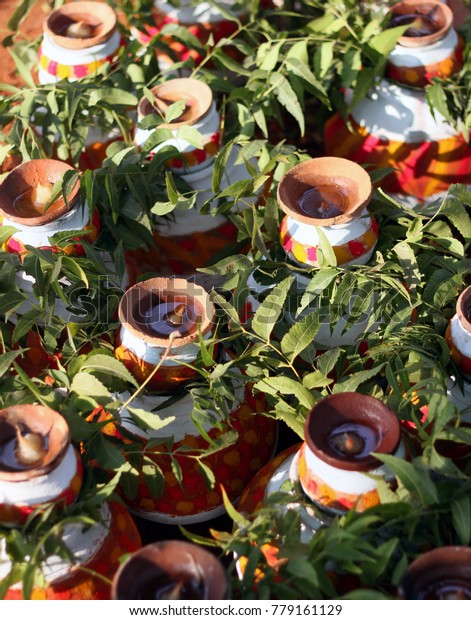 Closeup Clay Pots Decorated Neem Leaves Royalty Free Stock Image