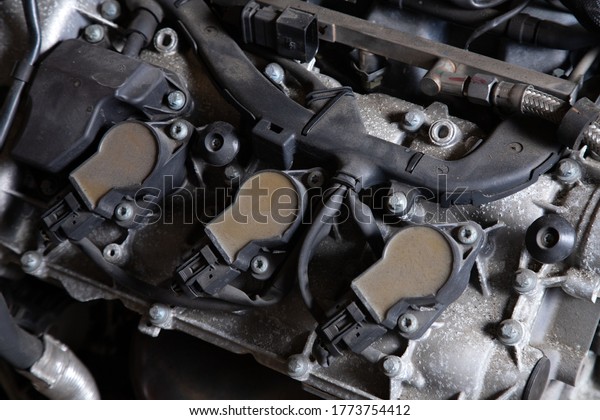 Closeup of a clean motor block, . Internal\
combustion engine