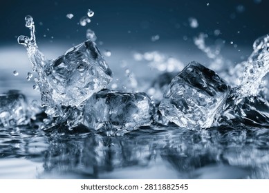 Close-up of clear ice cubes creating a dramatic splash as they hit the water's surface, with water droplets frozen in motion and sharp reflections.
