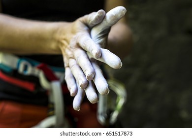 Close-up Of Climbers Hands With Chalk