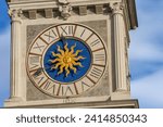 Closeup of the clock and bell tower of the Loggia di San Giovanni in Freedom square (Piazza della Liberta), Udine, Friuli-Venezia Giulia, Italy, Europe.