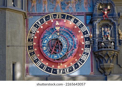 Close-up of clock face of clock tower named Zytglogge at the old town of Bern on a sunny winter day. Photo taken February 21st, 2023, Bern, Switzerland.