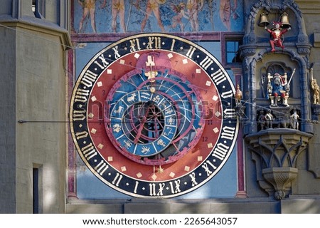 Close-up of clock face of clock tower named Zytglogge at the old town of Bern on a sunny winter day. Photo taken February 21st, 2023, Bern, Switzerland.