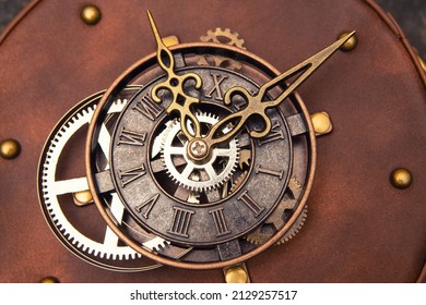 Close-up Of A Clock Mechanism With Cogs, Watch Face And Hands As Decoration On A Leather Bag.