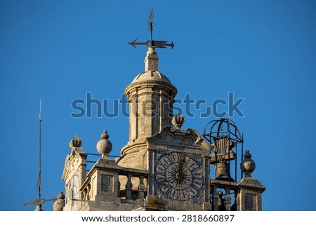 Close-up of the clock on the tower of Viseu Cathedral, Portugal