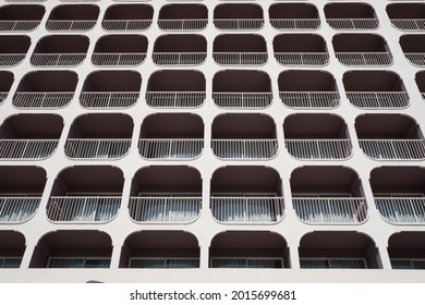 Closeup Of A Closed Hotel Facade With Balcony Because Of Pandemic Covid-19

