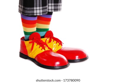 Closeup Of Clown Shoes On White Background Side View