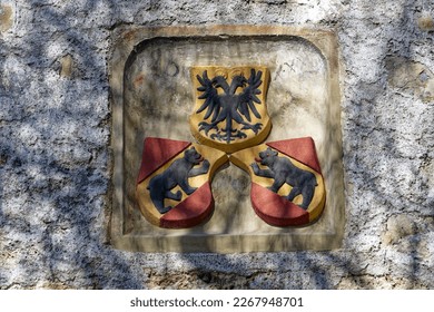 Close-up of coat of arms at stone wall at white castle at Swiss City of Thun on a sunny winter day. Photo taken February 21st, 2023, Thun, Switzerland.