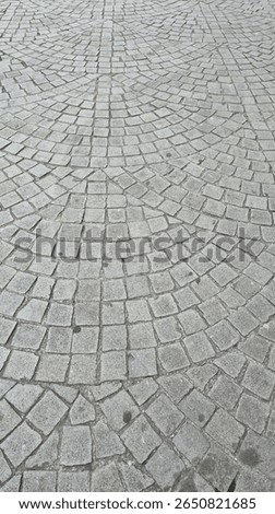 Close-up of a cobblestone pavement with a fan-like pattern, taken outdoors during daylight in Porto, Portugal, showcasing historical urban design and traditional stone craftsmanship.