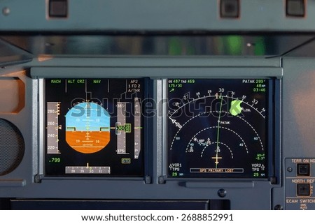 Close-up of cockpit flight instruments and navigation display in modern airplane