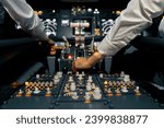 close-up of the cockpit of a passenger plane with many buttons on the control panel of airplane flight simulator