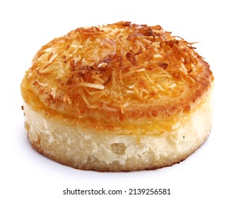 Closeup Of A Coconut Sponge Cake On A White Background