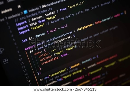 Close-up of code editor displaying TypeScript server-side script implementation, used for real-time web application development and backend programming concepts.
