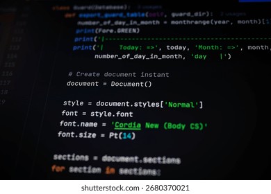 Close-up of code for generating and formatting Word documents with custom fonts and styles using automation. Ideal for tech tutorials, document processing, and programming education.