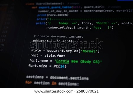 Close-up of code for generating and formatting Word documents with custom fonts and styles using automation. Ideal for tech tutorials, document processing, and programming education.