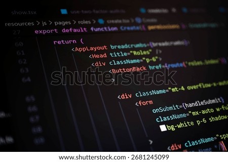 Close-up of code showing Component layout using JSX tags, class names, and form submission handling, ideal for representing frontend UI design, modern web app structure, and coding practice.