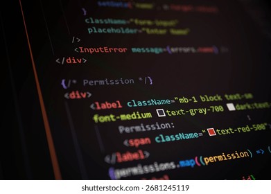 Close-up of code showing form input validation, error message component, label styling, and permission mapping using JSX, perfect for frontend UI design and web app logic.