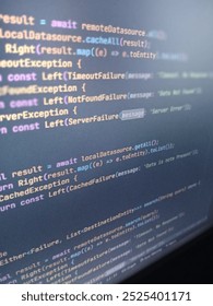 
A close-up of a code snippet demonstrating asynchronous data fetching and error handling using a functional programming paradigm. The code leverages the Either monad for representing successful