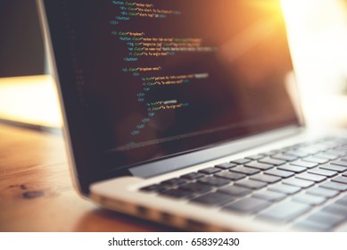 Closeup coding html and programming on screen laptop, development web, developer.