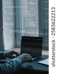 Close-up of coding interface projected over workspace. Fictional programming lines, website development elements, and debugging tools. Representation of digital transformation and IT engineering.