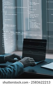Close-up of coding interface projected over workspace. Fictional programming lines, website development elements, and debugging tools. Representation of digital transformation and IT engineering.