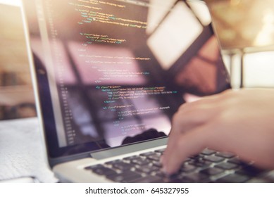 Closeup Coding On Screen, Woman Hands Coding Html And Programming On Screen Laptop, Development Web, Developer.