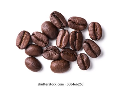 Closeup Of Coffee Beans Isolated Over White, Top View