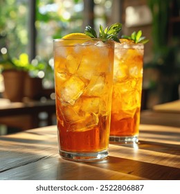 Close-up of a cold glass of iced tea and lemonade, condensation on the glass, garnished with fresh lemon slices and mint leaves, ice cubes floating inside, golden sunlight reflecting through the glass - Powered by Shutterstock