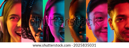 Close-up. Collage of cropped male and female faces isolated over multicolored neon backgrounds. Concept of human emotions, facial expressions