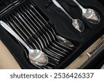 Close-up of a collection of stainless steel spoons neatly arranged in a black storage case, highlighting polished utensils.