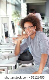 Closeup Of College Student In Computer Lab