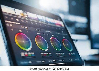 Close-up of a color wheel. filmmaker or colorist, working with footage on a digital tablet, in a creative office studio. - Powered by Shutterstock