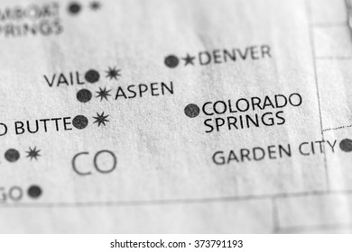 Closeup Of Colorado Springs, Colorado On A Map Of The USA.