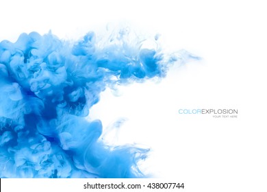 Closeup Of A Colorful Blue Acrylic Ink In Water Isolated On White With Copy Space. Template Design. Abstract Background. Color Explosion. Paint Texture.