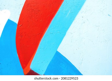 Closeup Of Colorful Blue, Red And White Urban Wall Texture. Modern Pattern For Wallpaper Or Mockup Presentation Design. Creative Urban City Background. Abstract Open Composition.