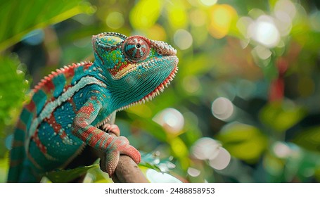 Close-up of a colorful chameleon resting on a branch amidst lush tropical foliage, captured at eye level showcasing its intricate skin patterns - Powered by Shutterstock