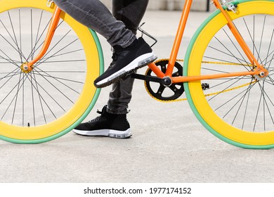 Closeup of a colorful fixie bike. Sustainable urban transport concept.