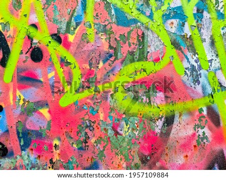 Closeup of colorful messy painted urban wall texture. Modern pattern for wallpaper design. Creative urban city background. Abstract open composition.