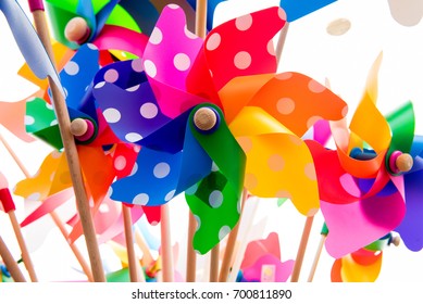 Close-up of colorful pinwheels against white background
