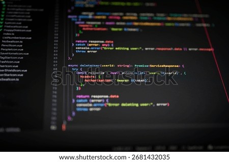 Close-up of colorful programming code on a computer screen showing deleteUser function with Authorization Bearer token, symbolizing software development, API security, and digital technology.